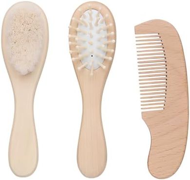 Natural Wooden Baby Grooming Kit: Hairbrush, Comb & Massage Brush
