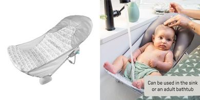 Ingenuity Foldaway Baby Bath Seat: Adjustable, 0-6 months, machine-washable.
