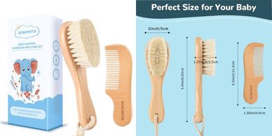 Baby Hair Brush and Comb Set, Wooden Baby Hair brush with Soft Goat Bristle and Wood Comb for Newborn Essentials, Good for Cradle Cap