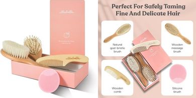 Pink Wooden Baby Hair Brush & Comb Set (4 pc, Gift Box)
