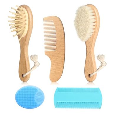 Baby Grooming Kit: Wooden Goat Bristle Brush & Comb (Blue)
