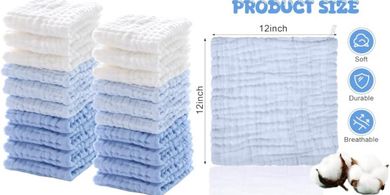 Soft Baby Muslin Washcloths (12x12", White/Blue)
