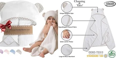 Premium Organic Bamboo Baby Hooded Towel & Washcloth Set (Beige/White)
