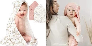 Konssy Muslin Hooded Baby Towels (2-pack, 100% cotton, pink floral)